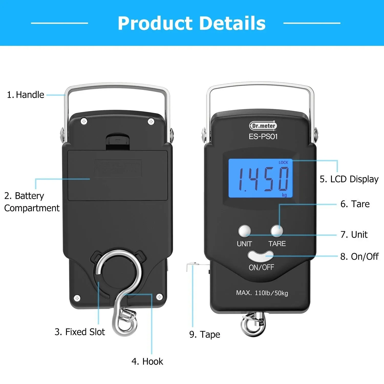110lb/50kg Electronic Balance Digital Fishing Postal Hanging Hook Scale