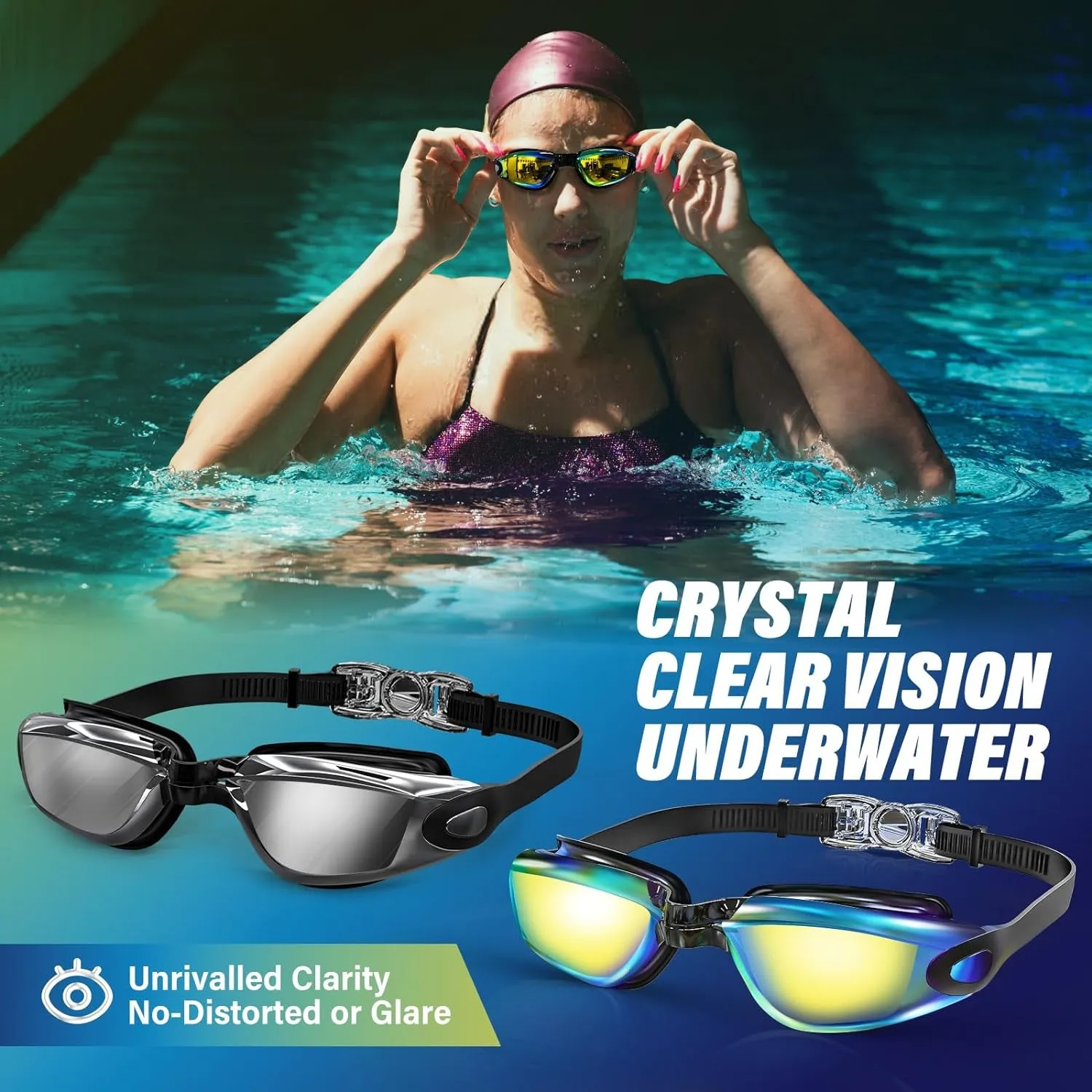 2 Pack Swimming Goggles, Pool Swimming Goggles for Adults & Kids