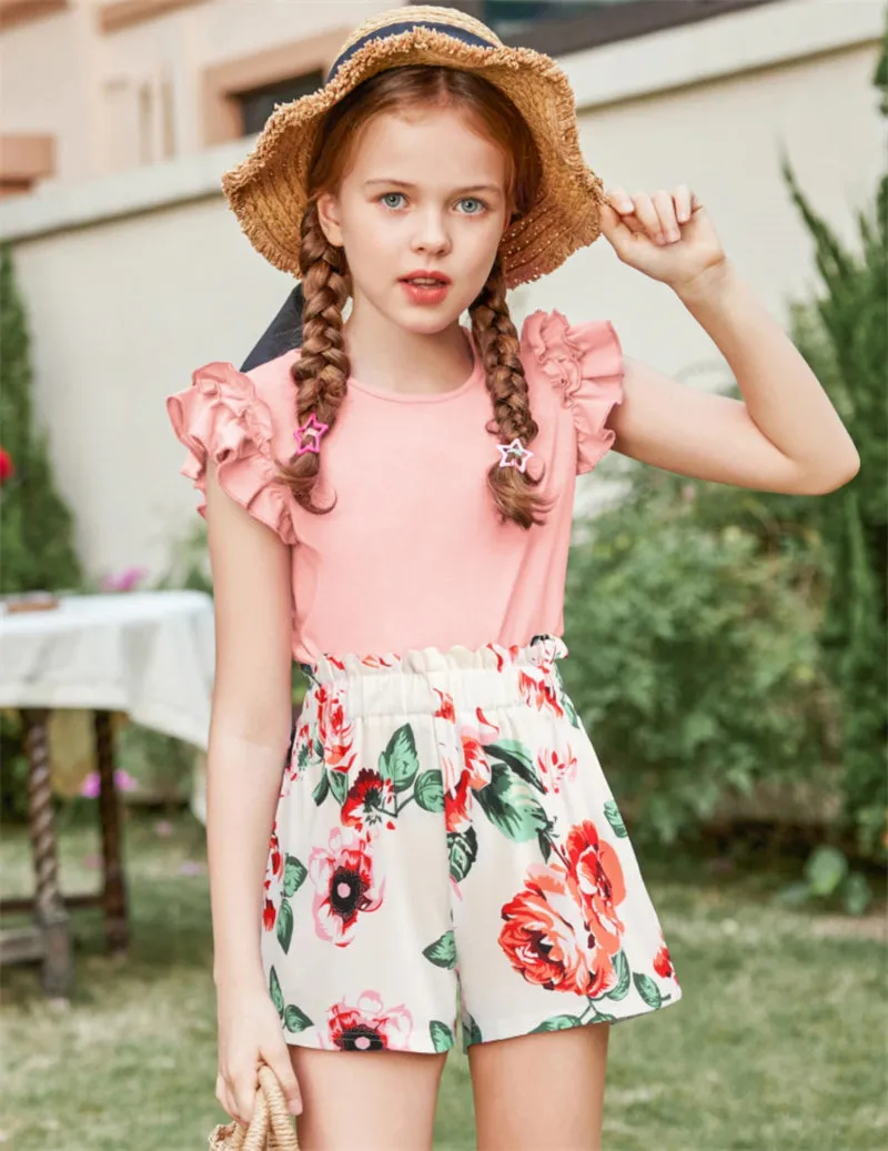 Arshiner Girls 2 Piece Outfits Summer Ruffle Short Sleeve Shirts Sets
