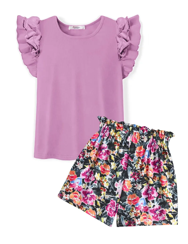 Arshiner Girls 2 Piece Outfits Summer Ruffle Short Sleeve Shirts Sets