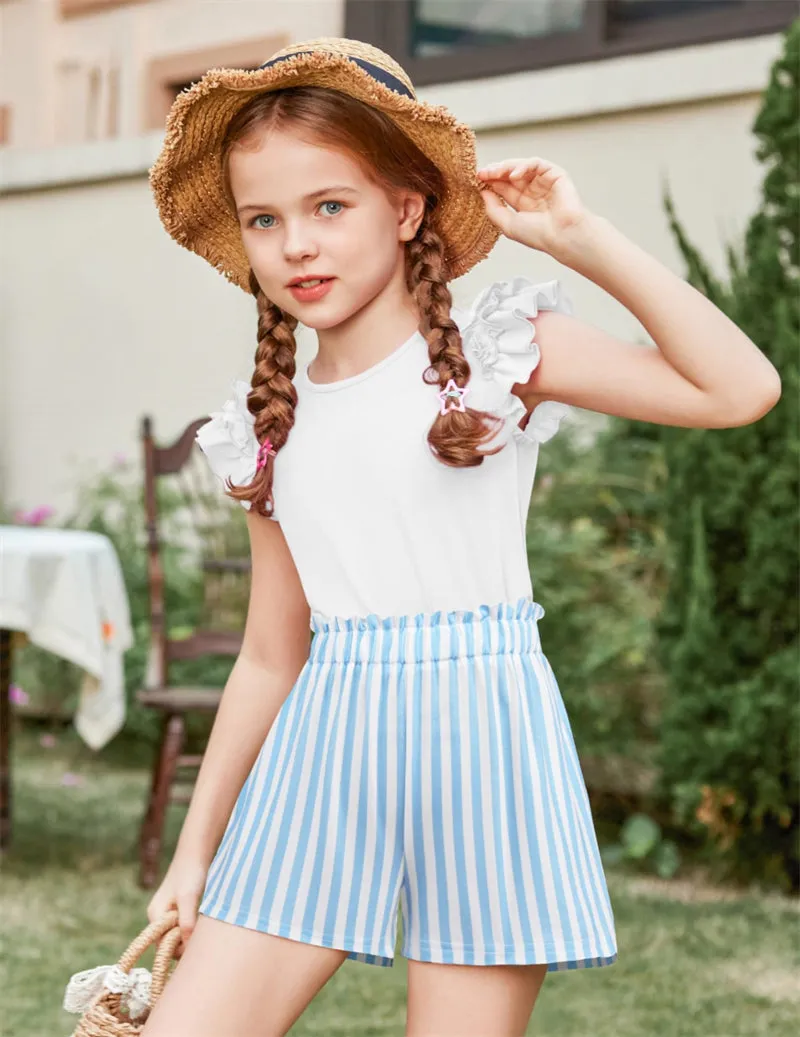 Arshiner Girls 2 Piece Outfits Summer Ruffle Short Sleeve Shirts Sets