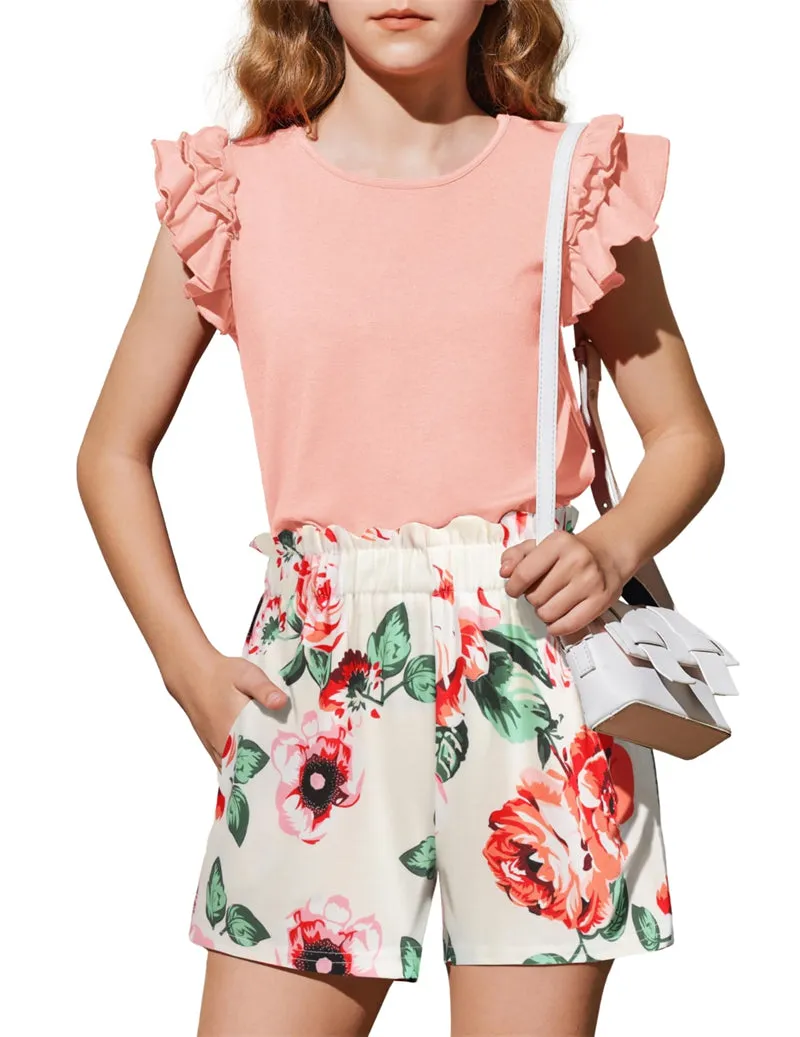 Arshiner Girls 2 Piece Outfits Summer Ruffle Short Sleeve Shirts Sets