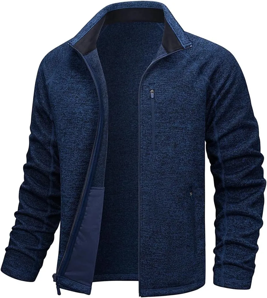 Men Classic Full Zip Knitted Sweater Soft Warm Fleece Jacket Hiking Sports Casual Coat
