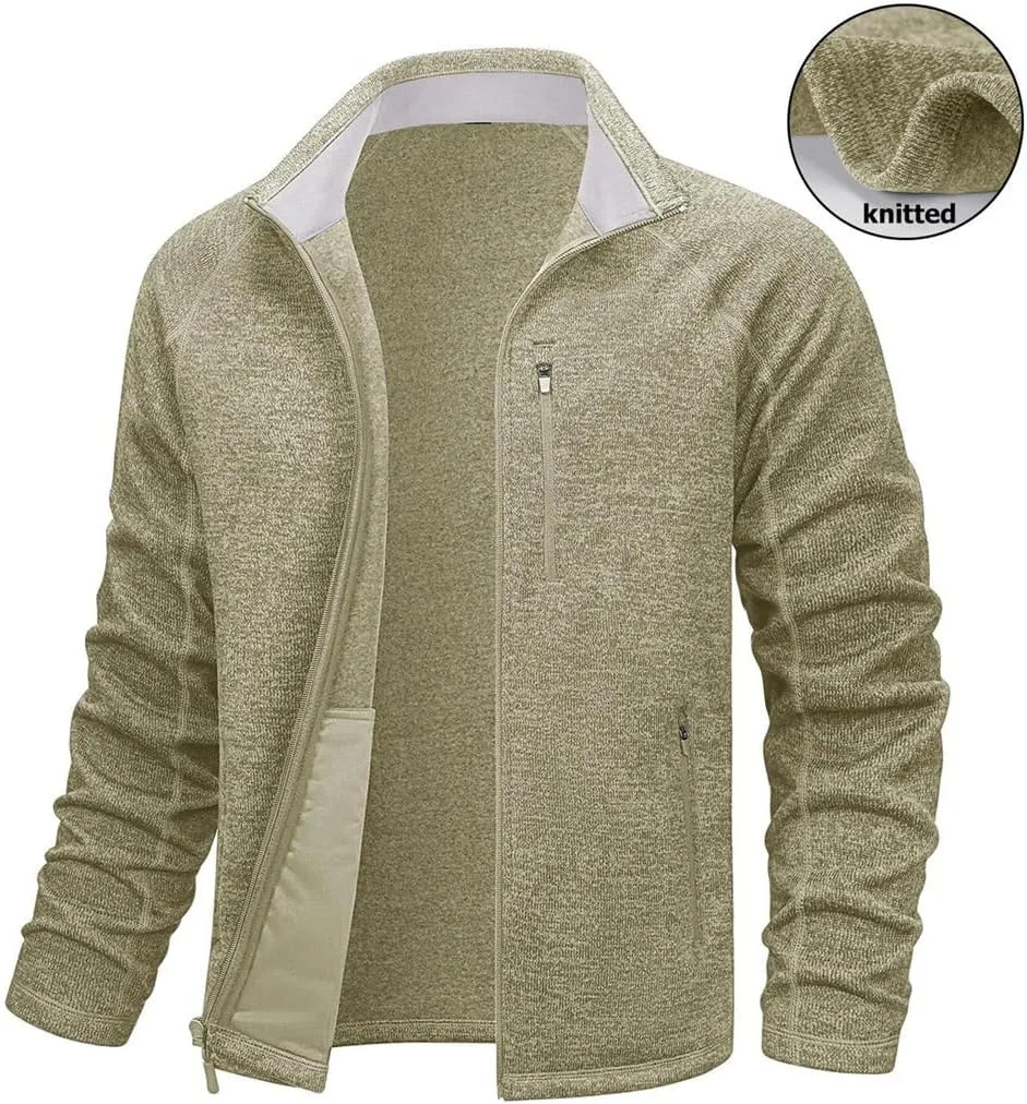 Men Classic Full Zip Knitted Sweater Soft Warm Fleece Jacket Hiking Sports Casual Coat