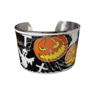 Spooky Cute Halloween Enamel Wide Cuff Bracelet, Stainless Steel
