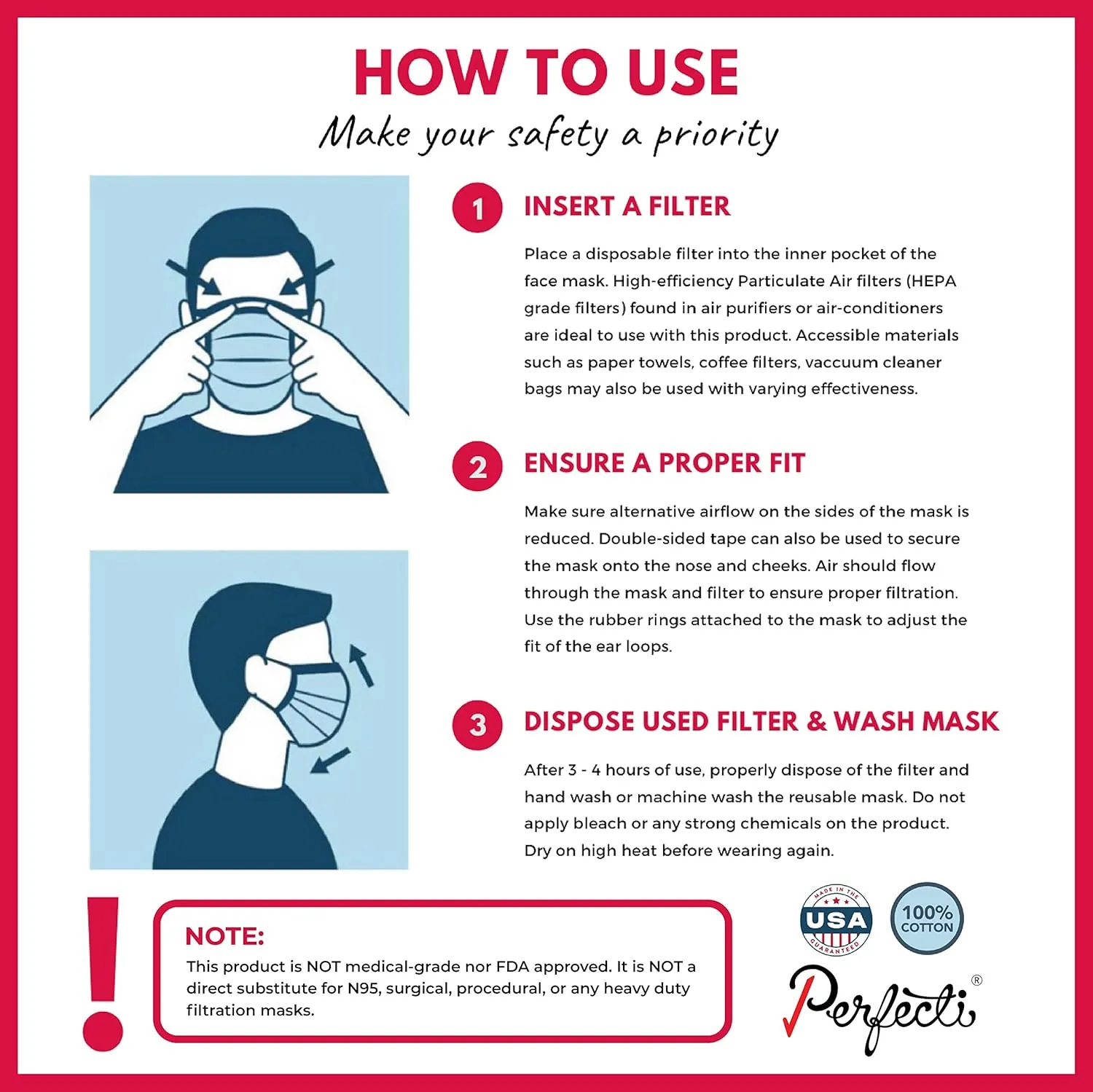 Washable Reusable Triple Layered 100% Cotton Face Mask with Filter Pocket Made in USA