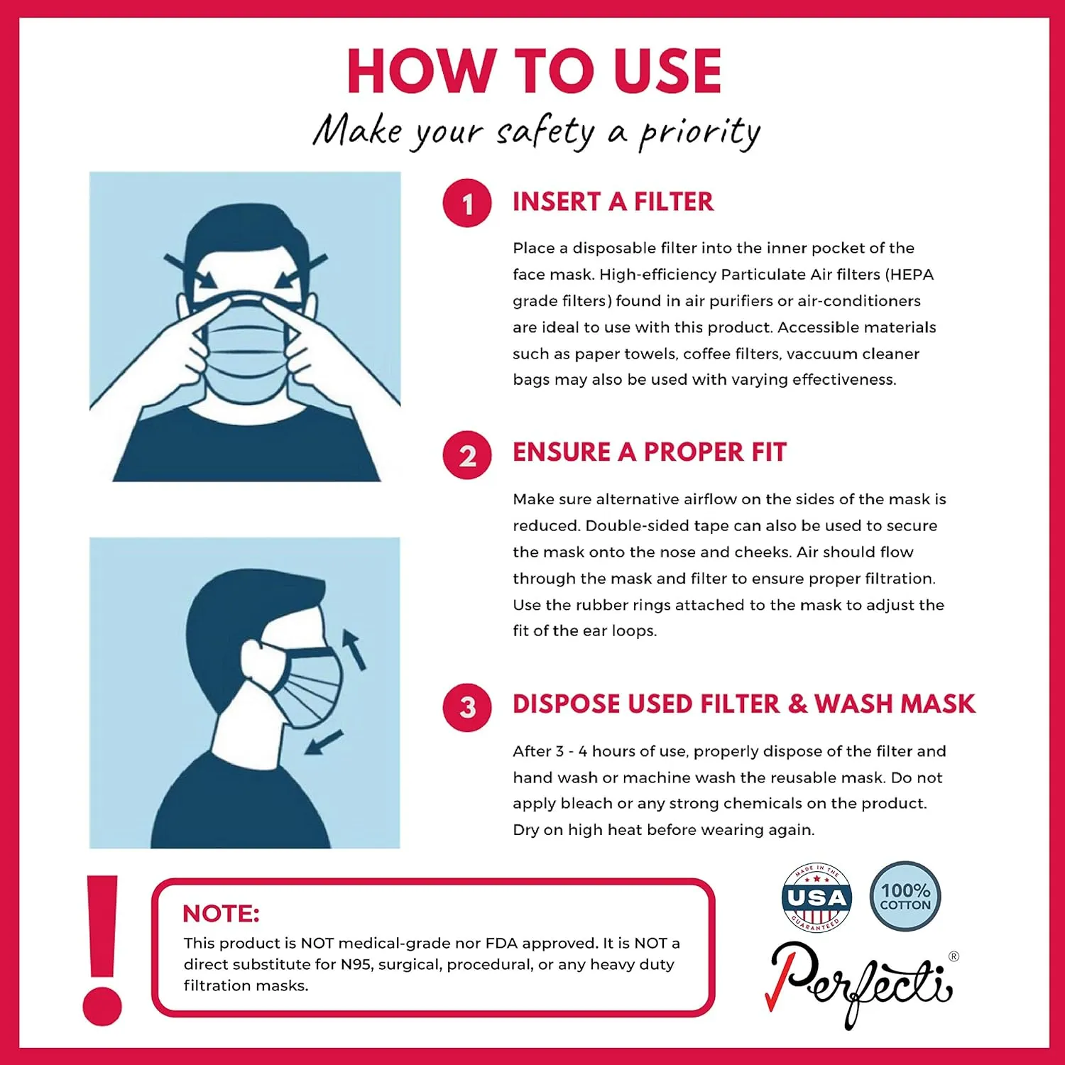 Washable Reusable Triple Layered 100% Cotton Face Mask with Filter Pocket Made in USA